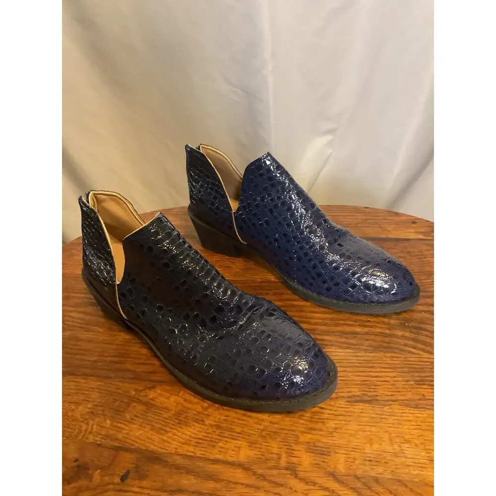 Women’s Navy Blue Croc Embossed Patent Ankle Booties US Size 7.5 EU 38 Back Zip